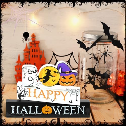 Vicenpal 3 Pcs Halloween Wooden Sign Pumpkin Ghost Witch Table Centerpiece