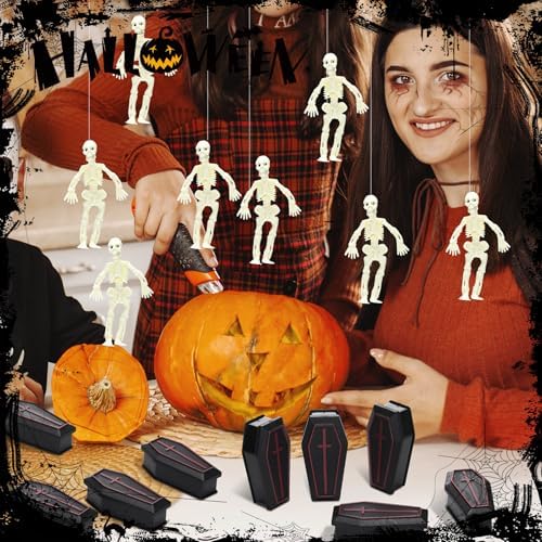 VioraWhite 48 Pcs Halloween Mini Skeletons & 3'' Mini Coffin Boxes
