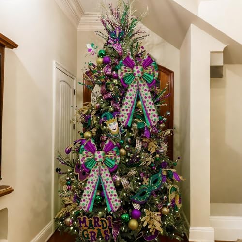 Mardi Gras Tree Topper Bow Decorations,12”x20” Large Glitter Wreath Bow Decor for Tree Holiday Party Wall Home Front Door Float Golf Cart Gold Green Purple
