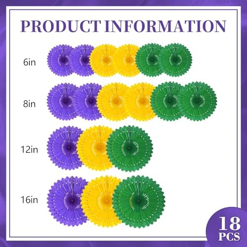 18 Pcs Mardi Gras Hanging Paper Fan, Hanging Honeycomb Round Paper Fans for Weddings, Birthdays, Christmas, Baby Showers, Classroom, Events Ceiling Party Supplies Decorations