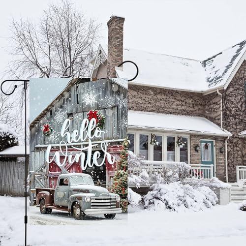 Hello Winter Truck Garden Flags 12x18 Vertical Double Sided Outside, Christmas Winter Yard Flag Outdoor Xmas Holiday Seasonal Decorations for Home