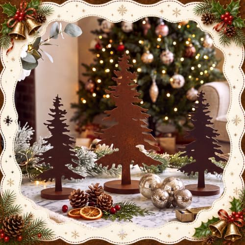 Shimeyao 3 Pcs Metal Pine Tree Decor, Rusty Christmas Decor with Wood Base