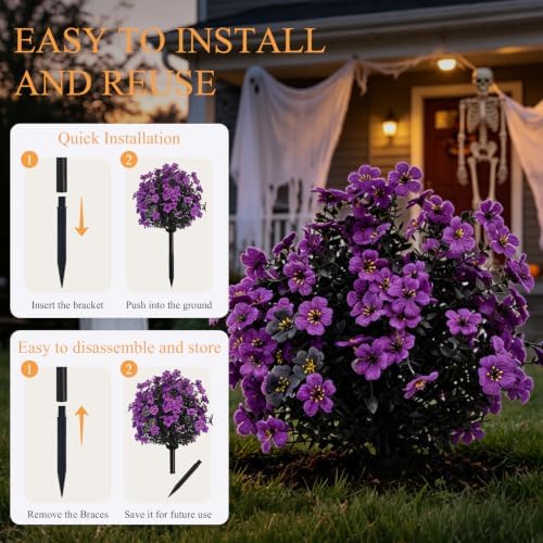 Halloween Artificial Flowers with Ground Stake, 22 inch Halloween Artificial Topiary Ball Flowers for Outdoor Witch Purple