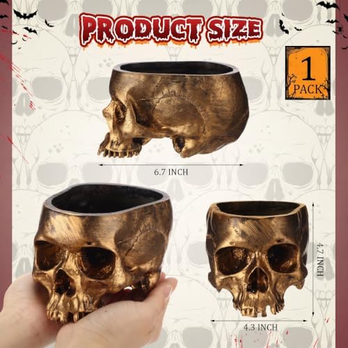 1 Pack Halloween Skull Planter, Gold, Retro
