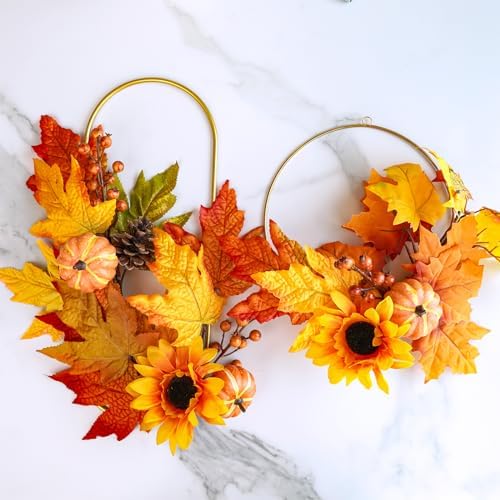 Winlyn 8 Pcs Fall Harvest Artificial Maple Leaf Stems Fall Picks and Sprays with Orange Pumpkins Sunflower Heads Pine Cones Berries 13" for Thanksgiving Autumn Wedding DIY Wreath Floral Arrangements