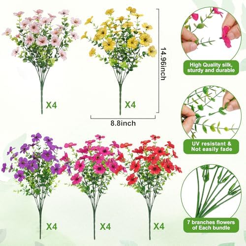 20 Bundles Artificial Flowers for Outdoors Fake Plants, Multicolor
