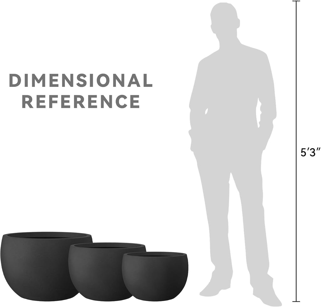 Kante Set of 3 Black Concrete Bowl Planters 20" 15.7" 11.8" Dia | Drainage for Outdoor, Rubber Plug for Indoor Home