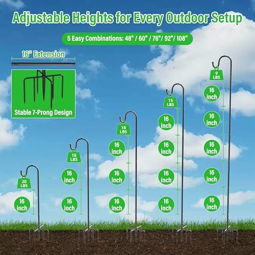 48″ Adjustable Shepherd Hook for Outdoor, Heavy Duty Bird Feeder Pole with 7-Prong Base, Metal Garden Hook for Hanging Lanterns Solar Lights String Lights Plants Wind Chimes Hummingbird Feeder（1‑Pack）