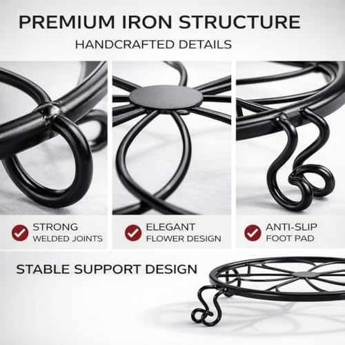 1/2/4 Pack 9/10/12 Inch Heavy Duty Iron Plant Stands - Rustproof Metal Flower Pot Holder for Indoor Outdoor Use, Round Wrought Iron Planter Stand for Corner Gardening, Patio, Balcony Decor- Black (9IN1PCS)