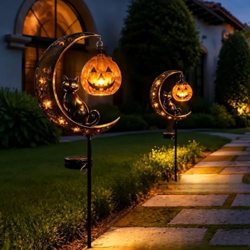 Solar Halloween Black Cat Pumpkin Moon Garden Stake Light, Halloween Lamps