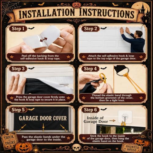 Halloween Garage Door Cover 16x7 FT, Black Cat Prison Halloween Garage Door Decoration, Large Double Garage Banner with Pumpkin Inmate Scene, Outdoor Halloween Decor for Home Yard Party