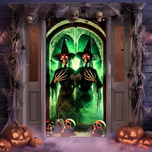 BlissYard Door Cover Skeleton Witch Haunted House 35x71 Inch Polyester