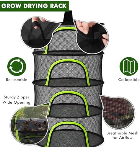 Herb Drying Rack Hanging Mesh 8 Layer 24" with Zipper, Garden Pruning Shear, Hook & Carabiner Clip for Drying Herbs, Plants, Seeds, Buds | Hydroponics & Grow Tents Herb Dryer Hanging Rack