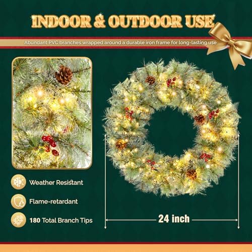 VINGLI 24" Small Christmas Wreath 2 Pack with 100 LED Battery Lights