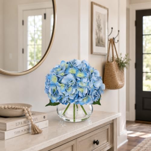 Hollyone Real Touch Hydrangea with Glass Vase Light Blue Full Latex Hydrangeas Artificial Flowers in Vase Lifelike Bouquets Floral Arrangements with Faux Water for Wedding Table Centerpiece Home Decor