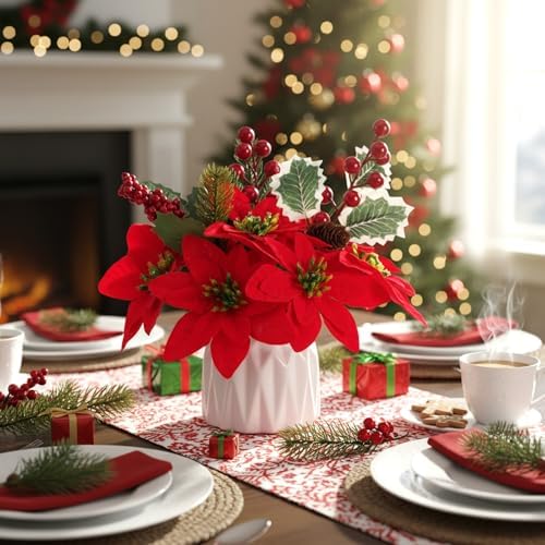 WILLBOND 24 Pcs Christmas Tree Picks Decorations Red Berry Pine Vase Picks Spray Berry Branches Poinsettia Holly Pine Flower Pick Berries Pinecones for Christmas Crafts Party Festive Home Decor