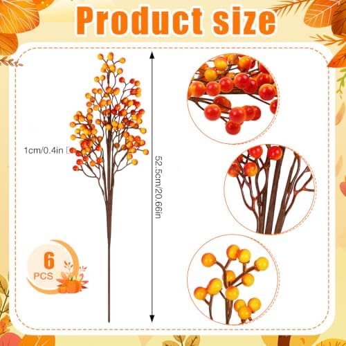 Fangoo 6 Pcs 20.7 Inch Fall Berry Stems Faux Orange Berry Stems for Vase