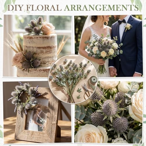 XunYee 50 Heads Artificial Thistle Flowers 5 Bundles Blue Faux Thistle Eryngium Spray with Stems 27'' Sea Holly Floral Branches for Wedding Bouquets Centerpieces Party Home Decor