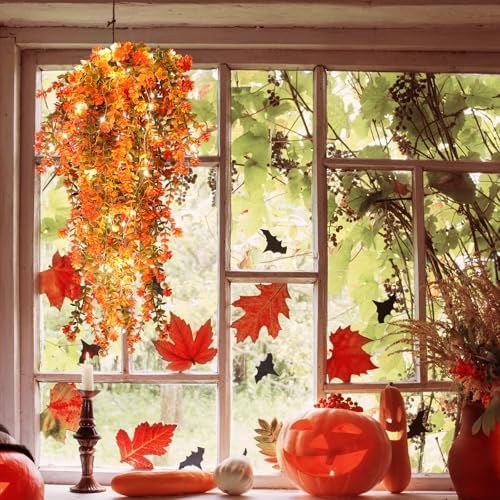 RECUTMS Fall Decor Artificial Flowers Faux Hanging Plants with Lights 3Pcs