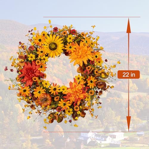 JINGHONG Artificial Fall Wreath 22 Inch Fall Wreaths for Front Door Autumn Flower Wreath with Sunflower Daisy Dahlia Pumpkin for Indoor Outdoor Window Wall Porch Harvest and Thanksgiving Celebration