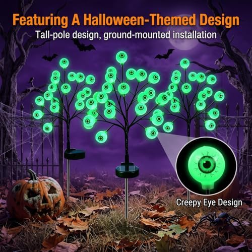 2PCS Solar Eyes Stake Pathway Lights, IP65 Waterproof Halloween Outdoor Decor with Steady On & Flash Lighting Modes，Solar-Powered Decor for Garden Yard Lawn Halloween Party (Green Eyes)