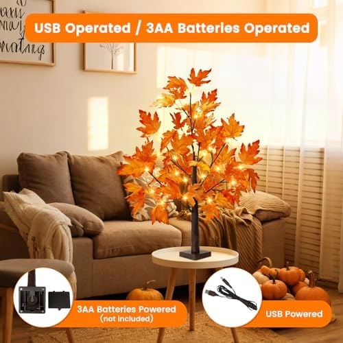2FT Fall Decorations for Home Artificial Lighted Maple Tree Lights Decor