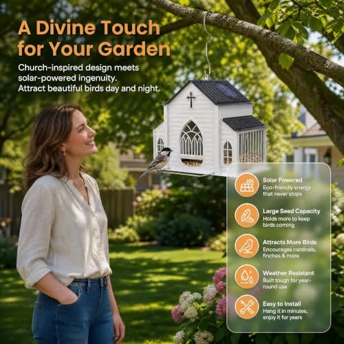 Solar Church Metal Hanging Bird Feeders for Outdoors, Auto Light Wild Bird Feeders for Outside, Solar Lanterns Outdoor Waterproof Outside Garden Decor, Religious Decor Gift for Christmas & Birthday