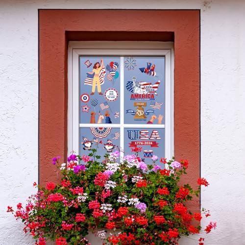 AhfuLife 250 Years Anniversary USA Window Clings for 4th of July, 250 Anniversary 9 Sheets America Patriotic Themed Window Stickers for Independence Day, Home Office Party Decorations(Style D)