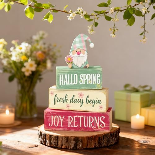 Spring Decoration Wooden Tiered Tray Decor – Rustic Hallo Spring Stacked Block Sign with Spring Gnome Topper – Farmhouse Tabletop Spring Decor for Living Room Shelf Kitchen Seasonal Home Display