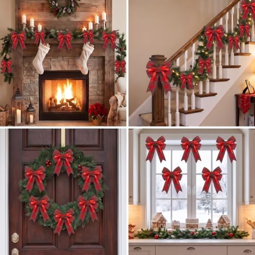 Moucuny 6 Pcs Christmas Burlap Bows Red and Green Plaid