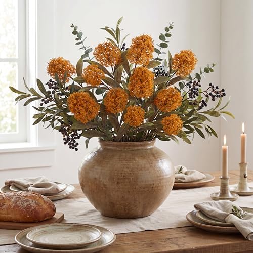Briful 3PCS Faux Fall Flowers 22.8in Brunt Yellow Skimmia Spray Artificial Flower Branches Fake Fall Skimmia Stems for Autumn Home Vase Floral Arrangement Wedding Party Decor