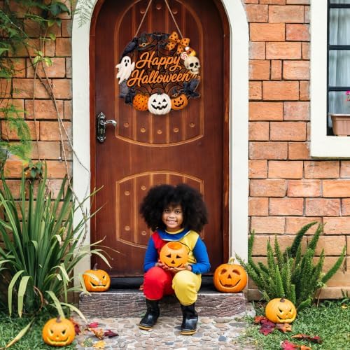 Halloween Wreath for Front Door Wooden Ghost Pumpkin Door Sign Wall Decor
