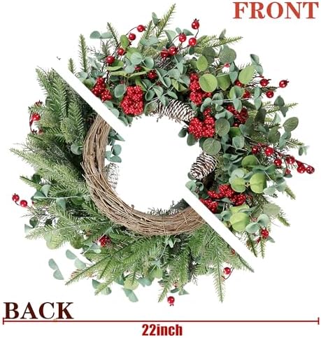 Sggvecsy 22 Inch Artificial Christmas Wreath for Front Door Xmas Red Berry Wreath with Pine Needles Pine Cones Eucalyptus Leaves Christmas Decorations for Winter Wall Outdoor Home Holiday Xmas Decor