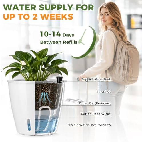 Upgraded Self Watering Pots for Indoor Plants, 6-Pack 6.7 Inch Top-Fill Self Watering Planter with Water Window, Orchid Pots, Clear Wick Inner Basket with Drainage, White