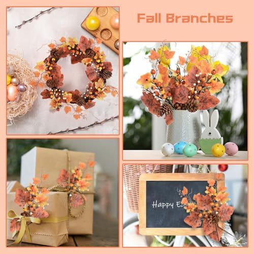 Fall Floral Picks 4PCS, Maple Leaf Pinecone Berries Branch Artificial Autumn Picks and Sprays for Farmhouse Autumn Vase Halloween Thanksgiving Decor