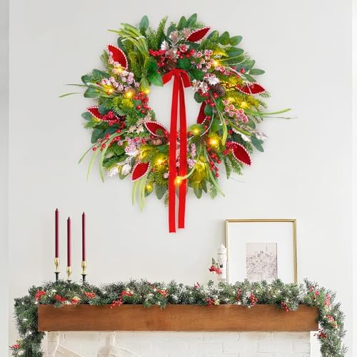 Christmas Wreath with Lights,Outdoor Pre-lit Christmas Wreaths for Front Door-24 Inch Xmas Door Wreath with Pine Needles Pine Cones and Red Berries- Farmhouse Home Christmas Decorations