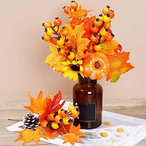 6 Pack Artificial Maple Leaves Branches Autumn Pumpkin Berry Twig Stem Orange Fall Stems Fake Artificial Flower Picks for Thanksgiving Christmas Harvest Festival Decoration DIY Floral Arrangements