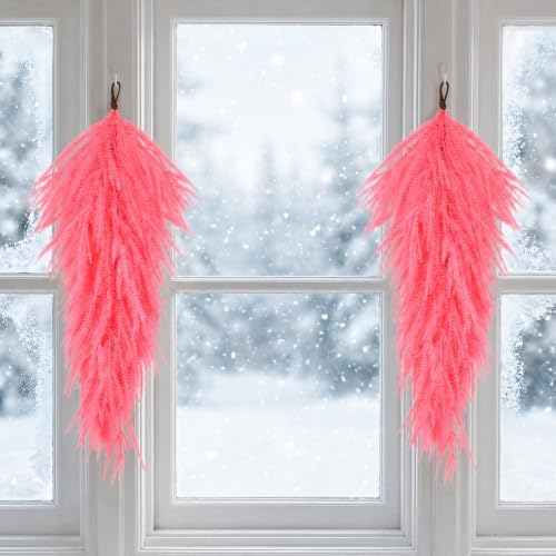 2 Pcs 28'' Pink Christmas Pine Door Swag,Artificial Norfolk Teardrop Swag