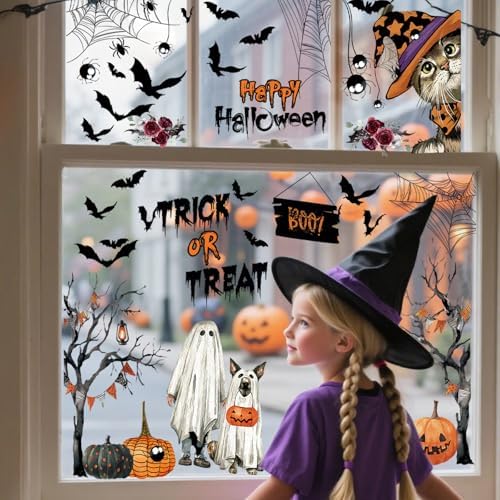AhfuLife 60Pcs Halloween Window Clings, 9 Sheets Reusable Halloween Ghost Window Stickers Removable Stickers for Kids Home Window Indoor Party Decorations