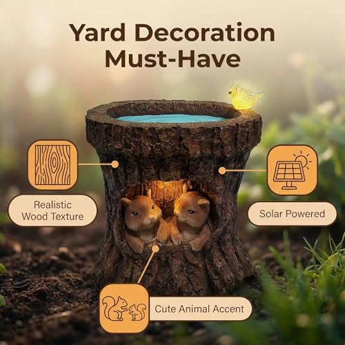 Solar Whimsical Squirrel Walnut Bird Feeder for Garden Decor: IP44 Weatherproof Resin with Automatic Lighting - No Installation- Outdoor Yard Patio Balcony Art - Birthday Gifts for Bird Lovers Women