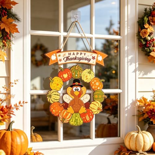 Happy Thanksgiving Door Decor, Fall Turkey Pumpkin Wreath Front Door Sign