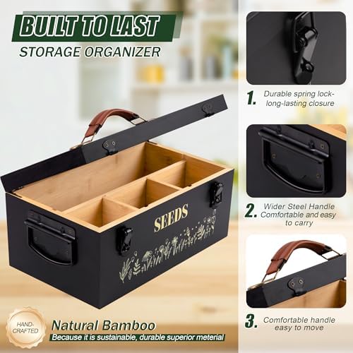 Large Seed Storage Organizer Box with Handle, Bamboo Seed Packet Storage