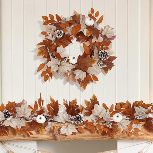 9 Ft Fall Garland with Lights & Timer, Thanksgiving Fireplace Mantel Decor