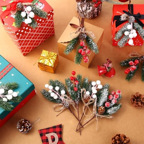 Sanwuta 20 Pcs Christmas Berry Pick with Pinecone, Frosted Red, White