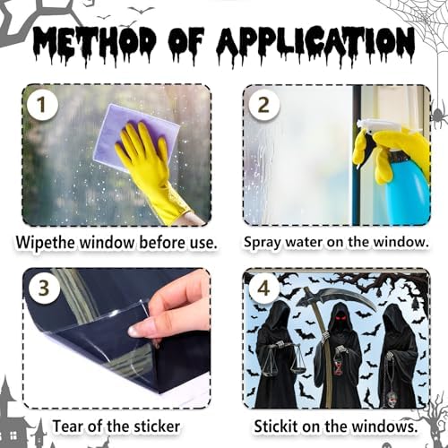 Halloween 3 Sheet Large Window Cling Grim Reaper Bat Decals Stickers Decor