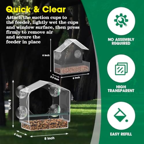 2Pcs Window Bird Feeder, Clear Acrylic Bird Feeder for Outside Window, Strong Suction Cups, Easy Fill & Clean Tray, Wild Bird Watching Gift for Nature Lovers (Large + Small)