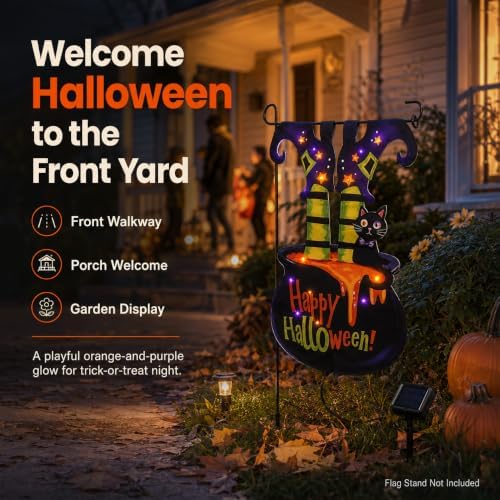 Halloween Lighted Garden Flag, Solar Witch Legs Cauldron Decor, 12 x 18 in