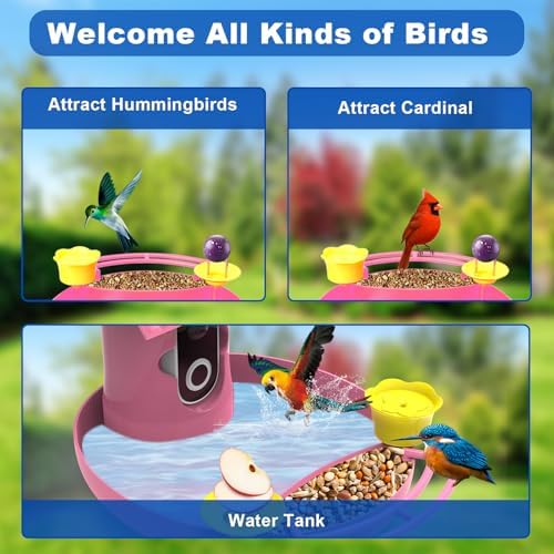 Bird Feeder with Camera - 4K HD Live View, Smart Bird Feeder Solar Powered, AI Recognition Auto Capture Video, 3-in-1 Feeding & Bathing & Hummingbird, Outdoor Garden Bird House (Pink)