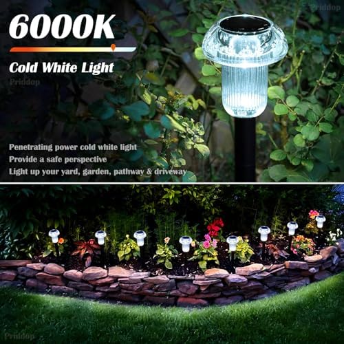 Priddop 8 Pack Solar Pathway Lights Outdoor Waterproof 6000K Cool White LED