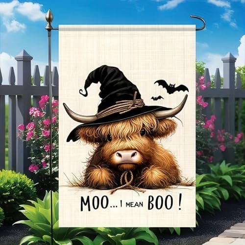 BlissYard Halloween Garden Flag Witch Highland Cow 12 x 18 Inch